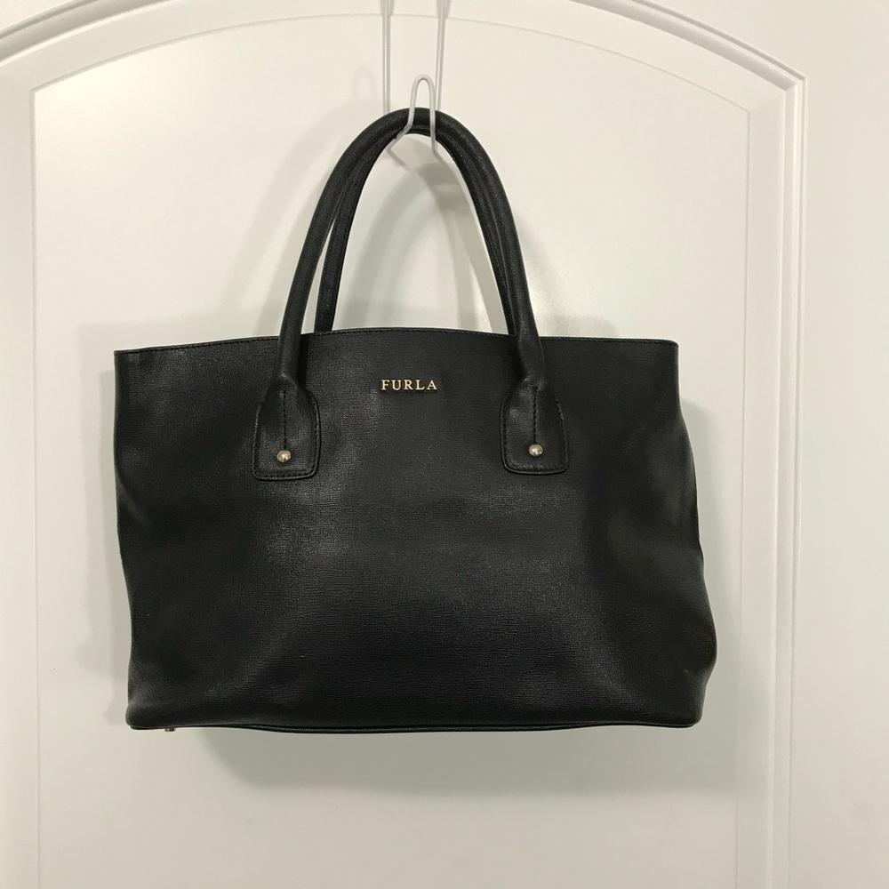Furla Black Leather 3 Compartment Tote Bag EUC